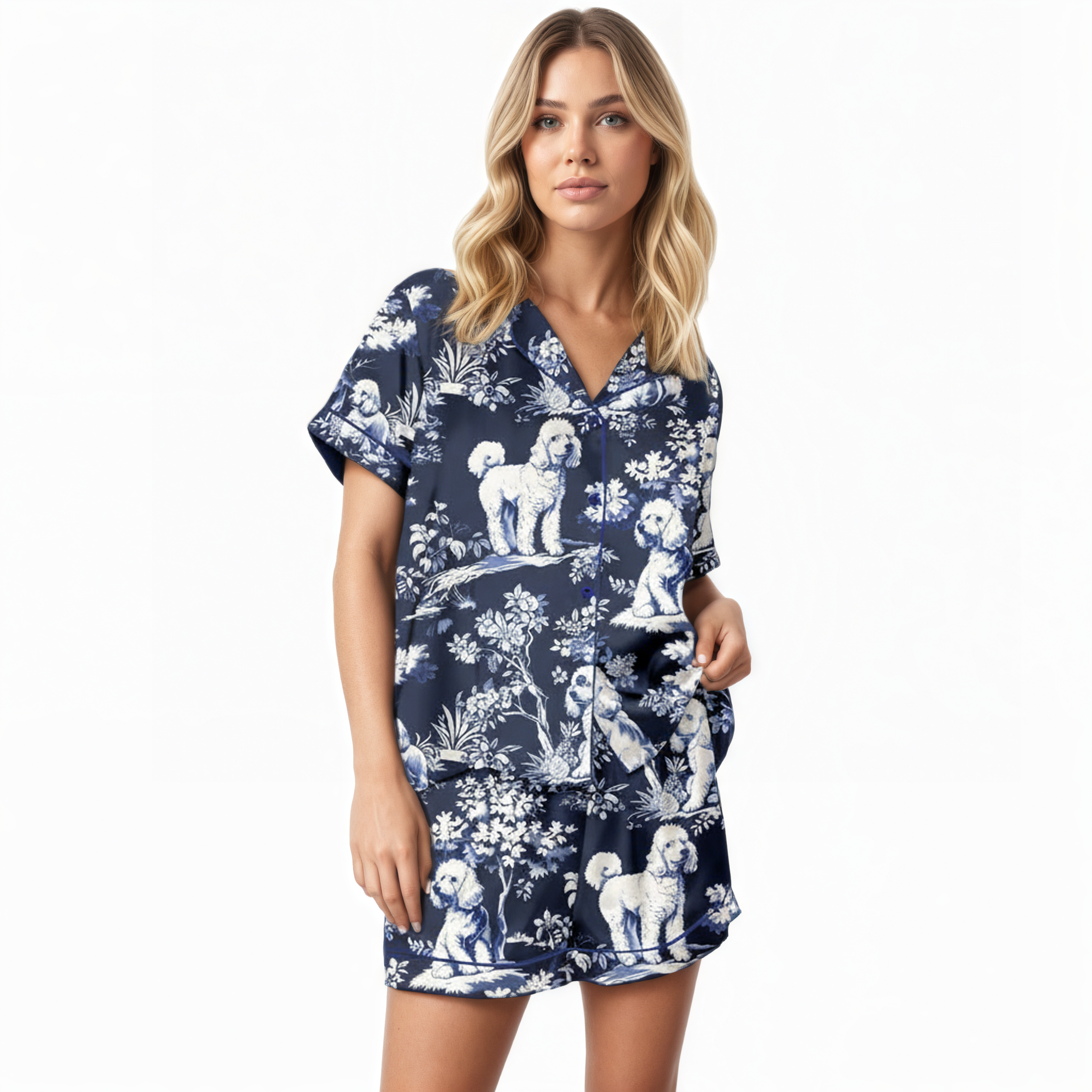 Poodle Dog Print Silky Satin Pajama Set
