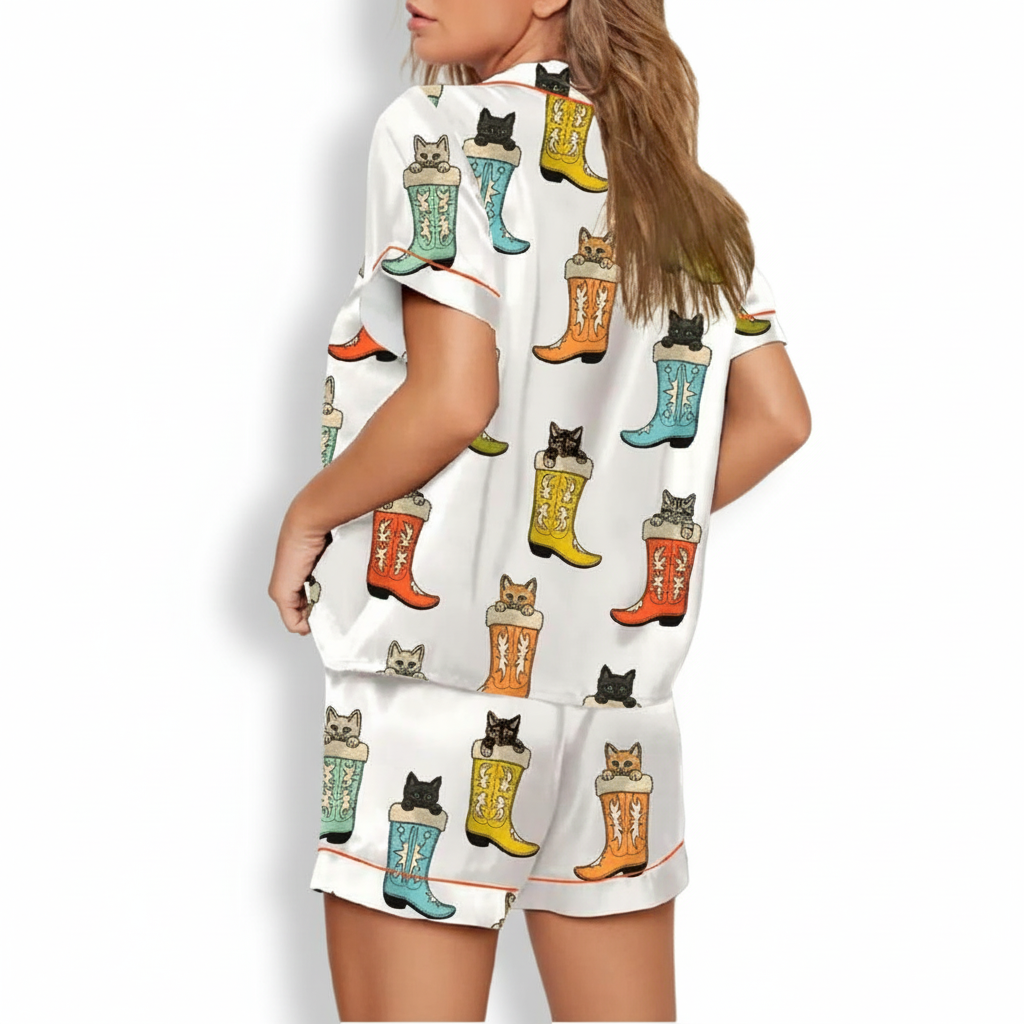 Cat Boots Print Satin Pajama Set
