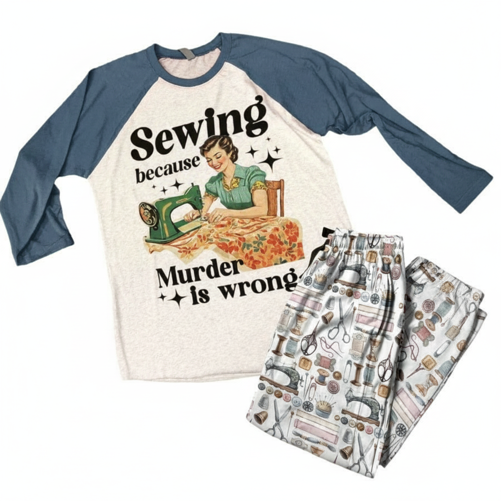 Retro Sewing Themed Pajama Set With Vintage Style