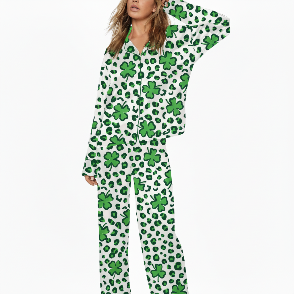 St Patricks Day Pajama Set With Clover And Camo Print