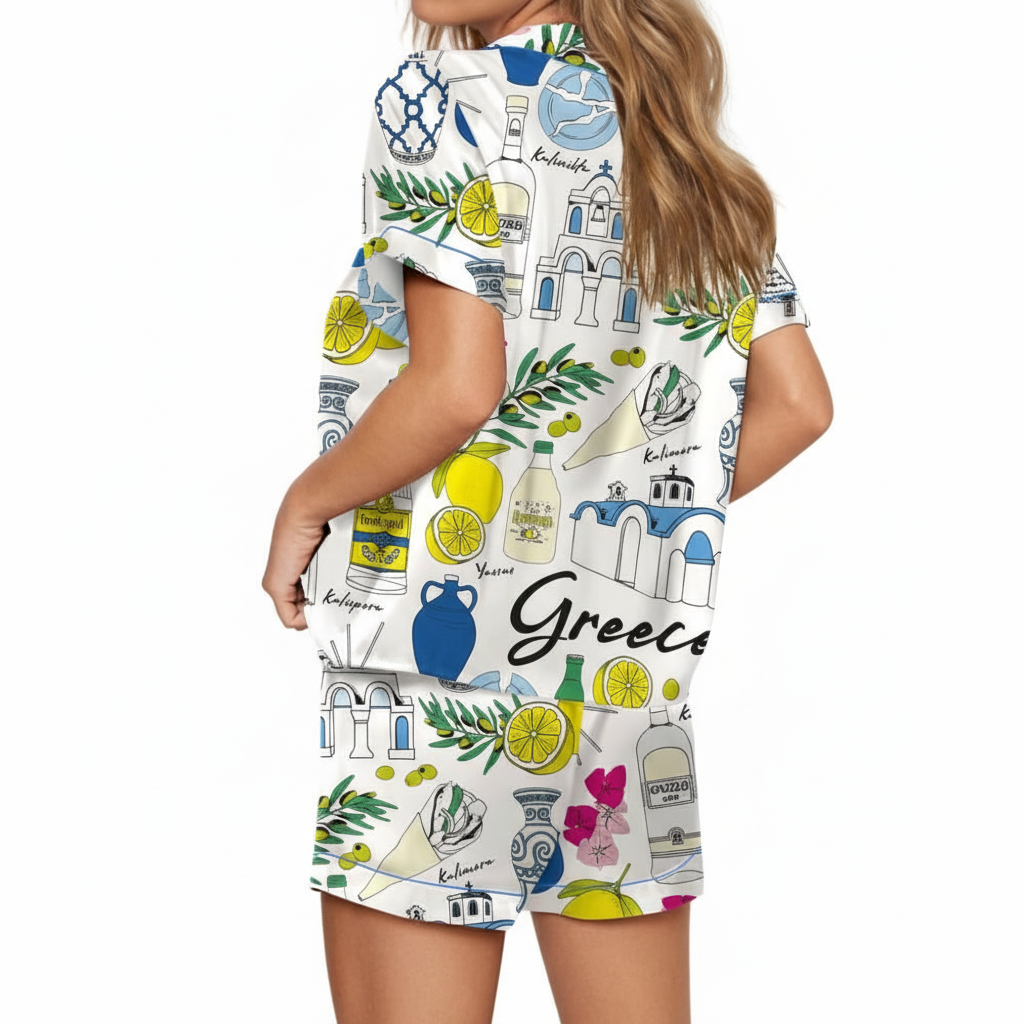 Greece Travel Graphic Satin Pajama Set