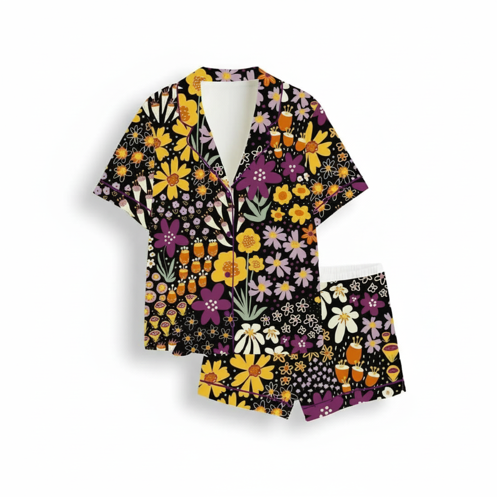 Plum Floral Satin Print Pajama Set