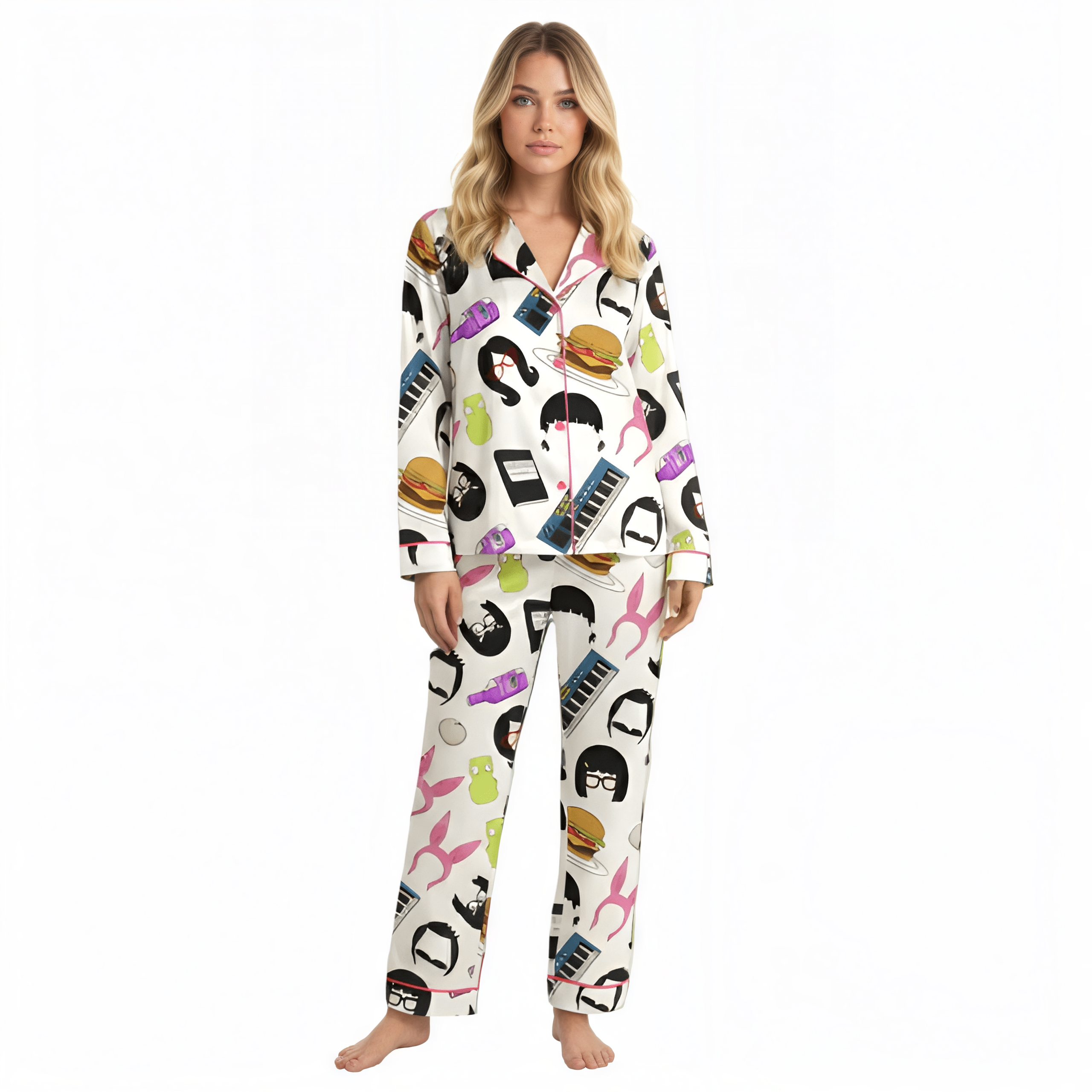 Burger Cartoon Graphic Themed Satin Pajama Set