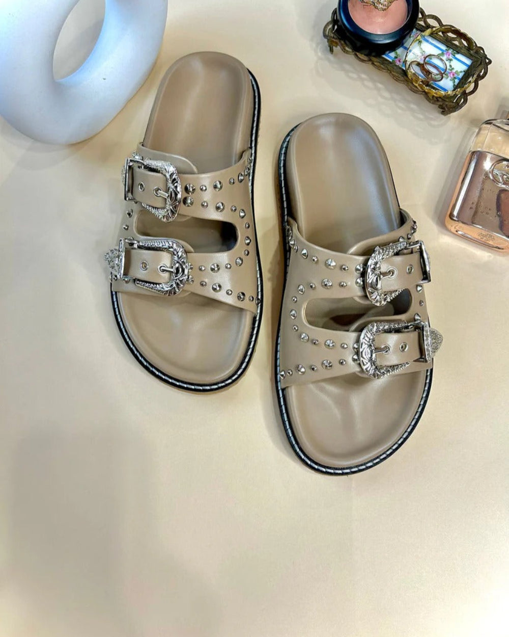 Silver Studded Buckled Sandals