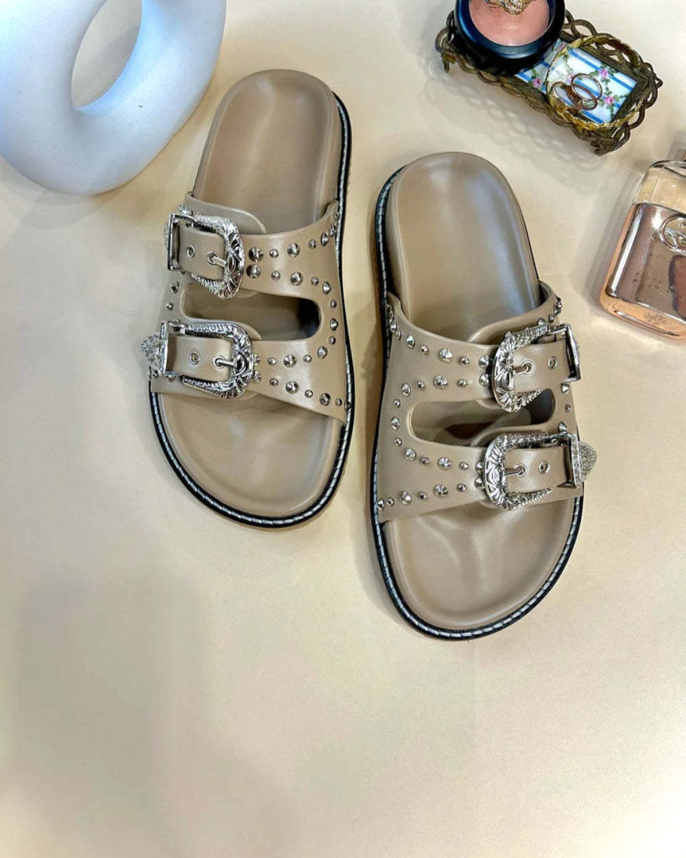 Silver Studded Buckled Sandals