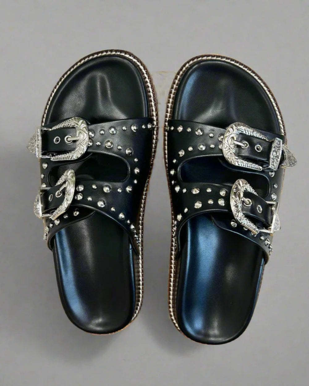 Silver Studded Buckled Sandals