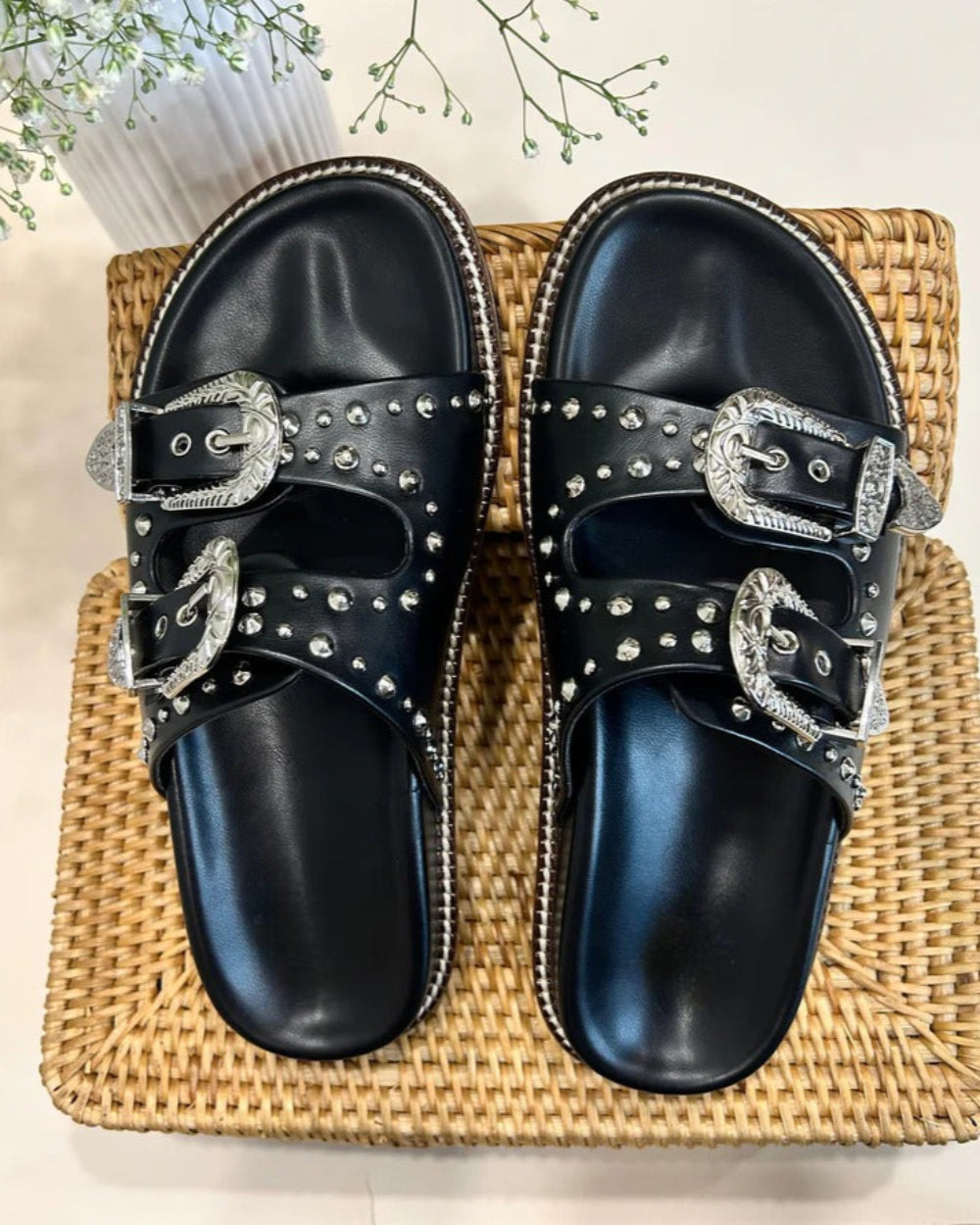 Silver Studded Buckled Sandals
