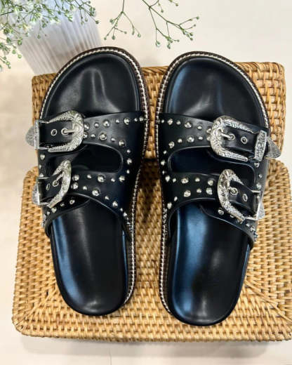 Silver Studded Buckled Sandals