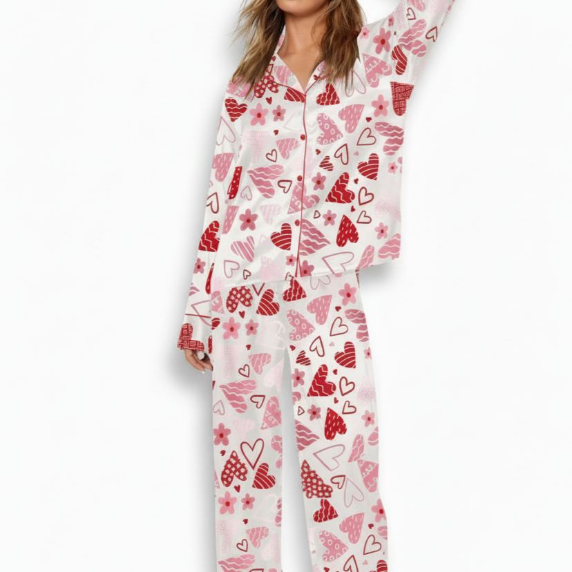 Printed Pajama Set With Button Front And Long Sleeves