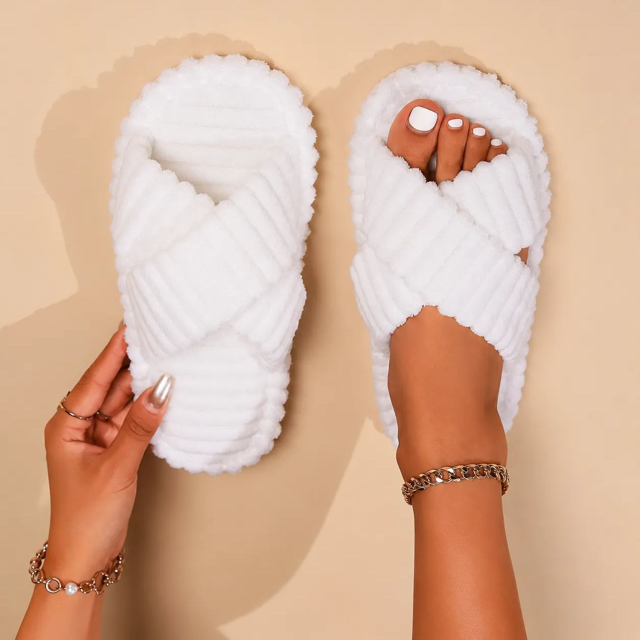 Cross Strap Fluffy Slip On Home Slippers For Women