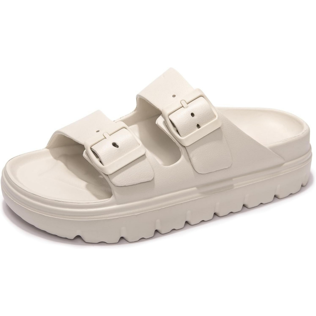 Arch Support Foam Slip On Flat Beach Comfort Slides Sandals with Adjustable Buckle for Women