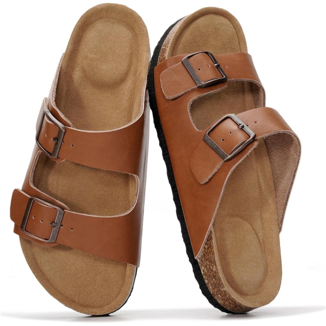 Cork Foot Bed Leather Flat Sandals For Women With Memory Foam And Arch Support