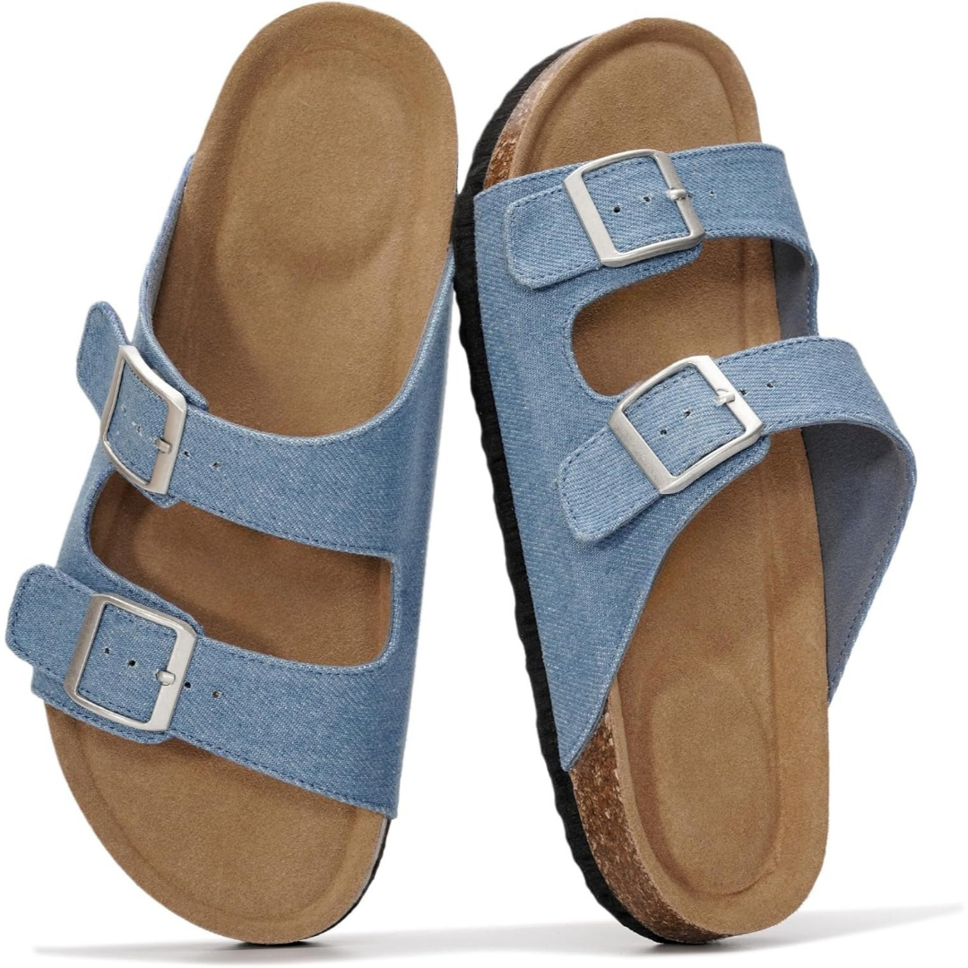 Cork Foot Bed Leather Flat Sandals For Women With Memory Foam And Arch Support
