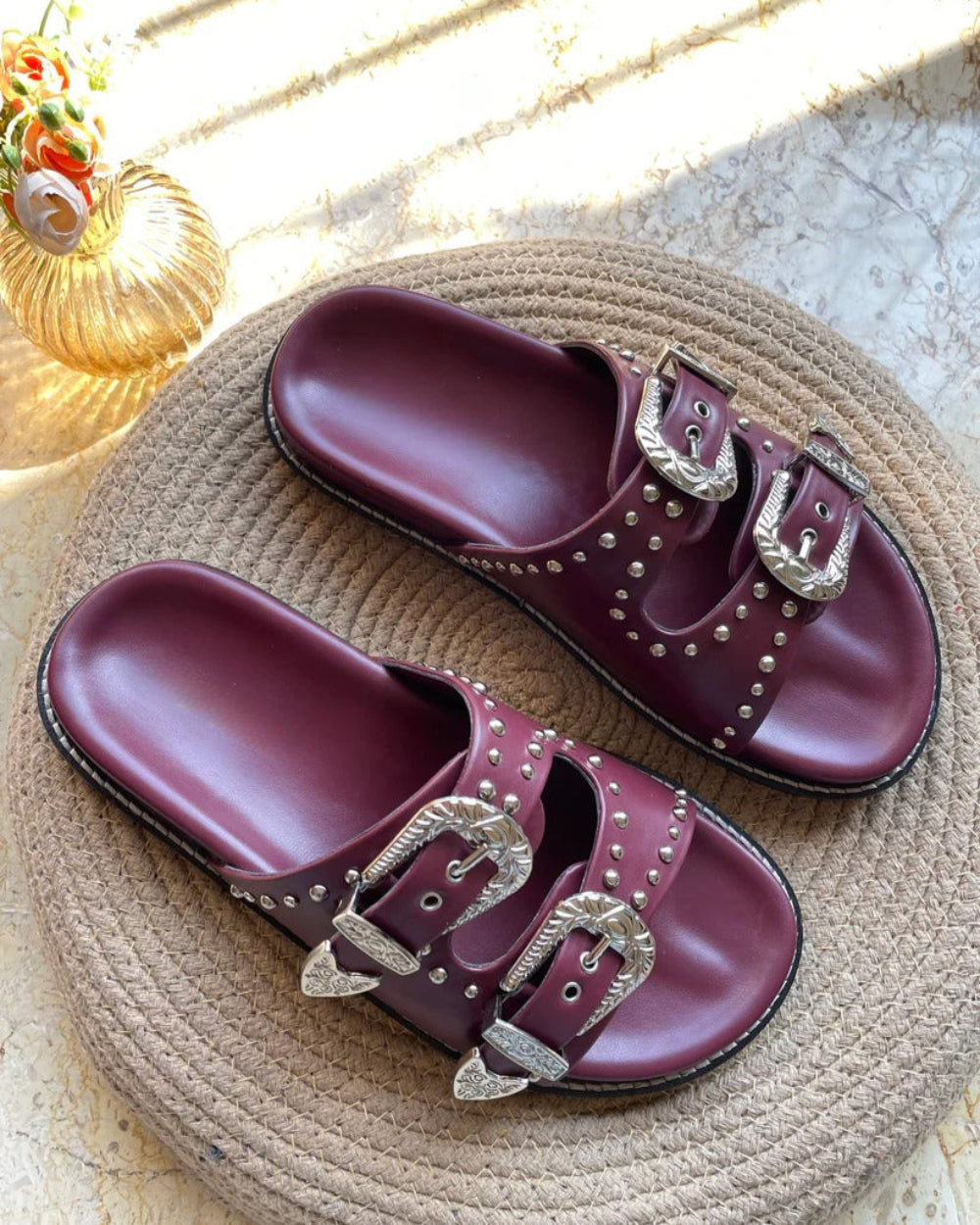 Silver Studded Buckled Sandals