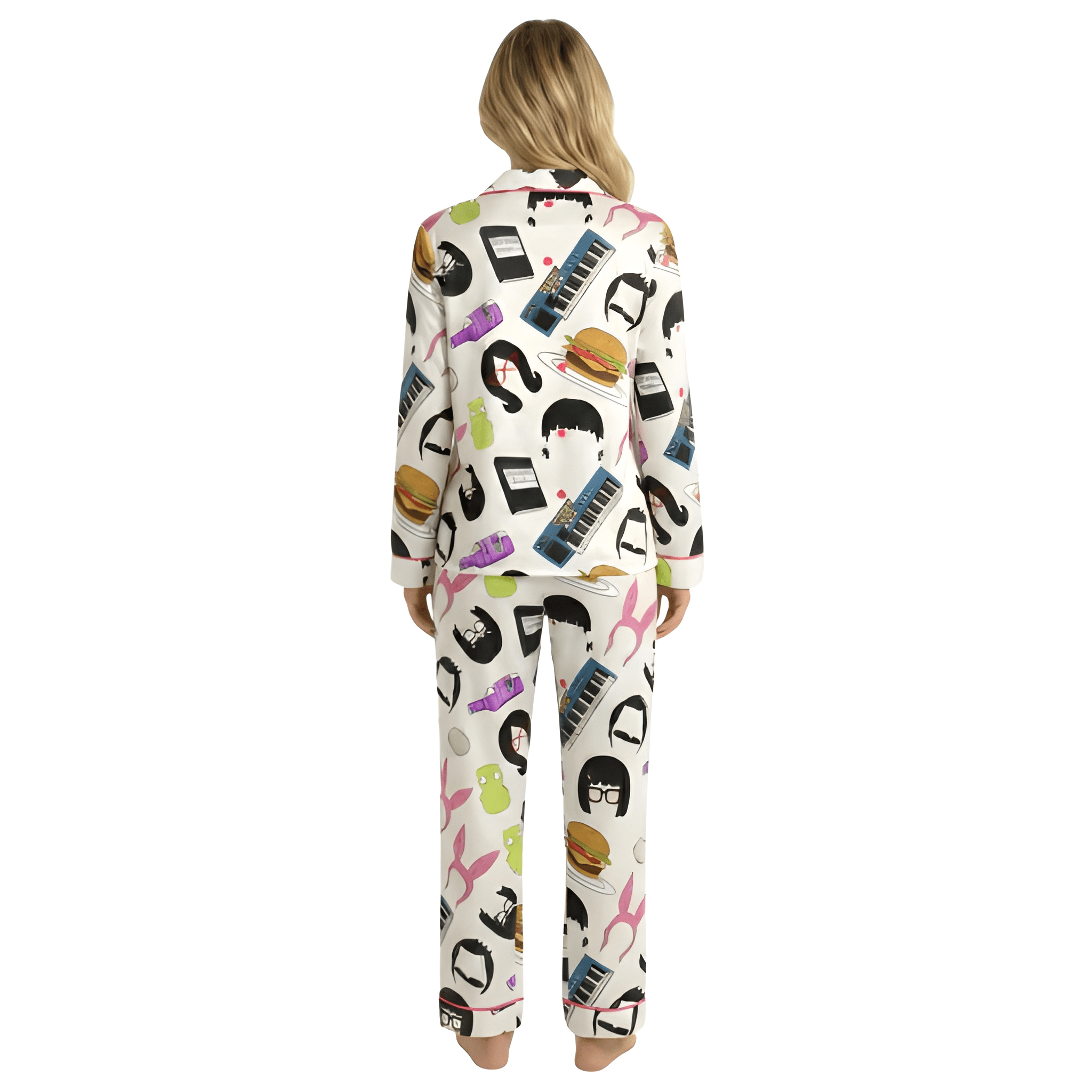 Burger Cartoon Graphic Theme Satin Pajama Set