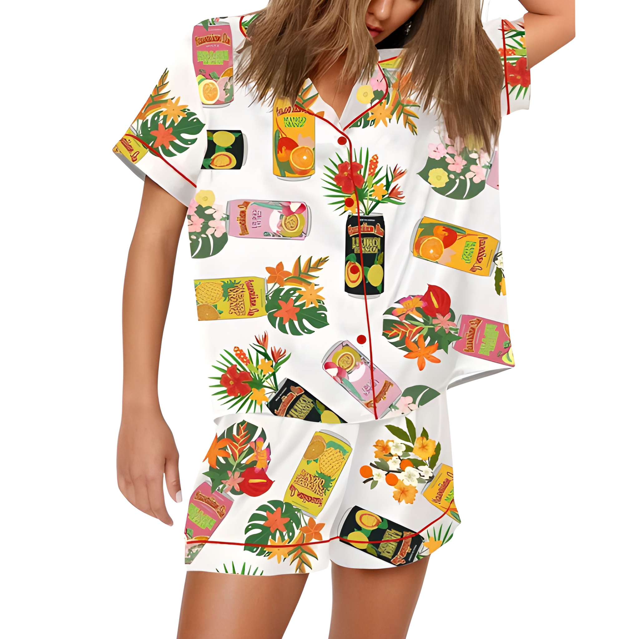 Hawaiian Style Guava Can Print Satin Pajama Set