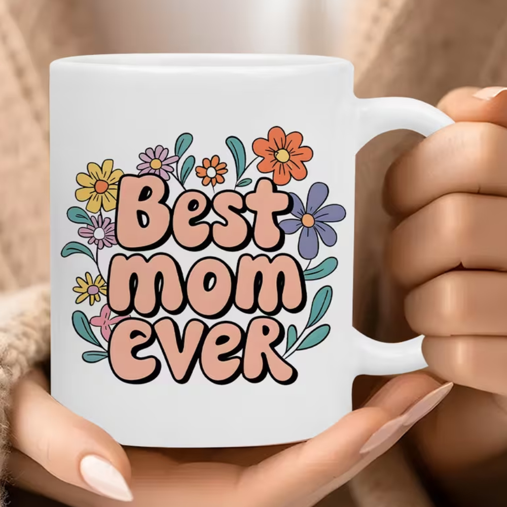 White Ceramic Coffee Mug With Floral Accent And Best Mom Ever Print