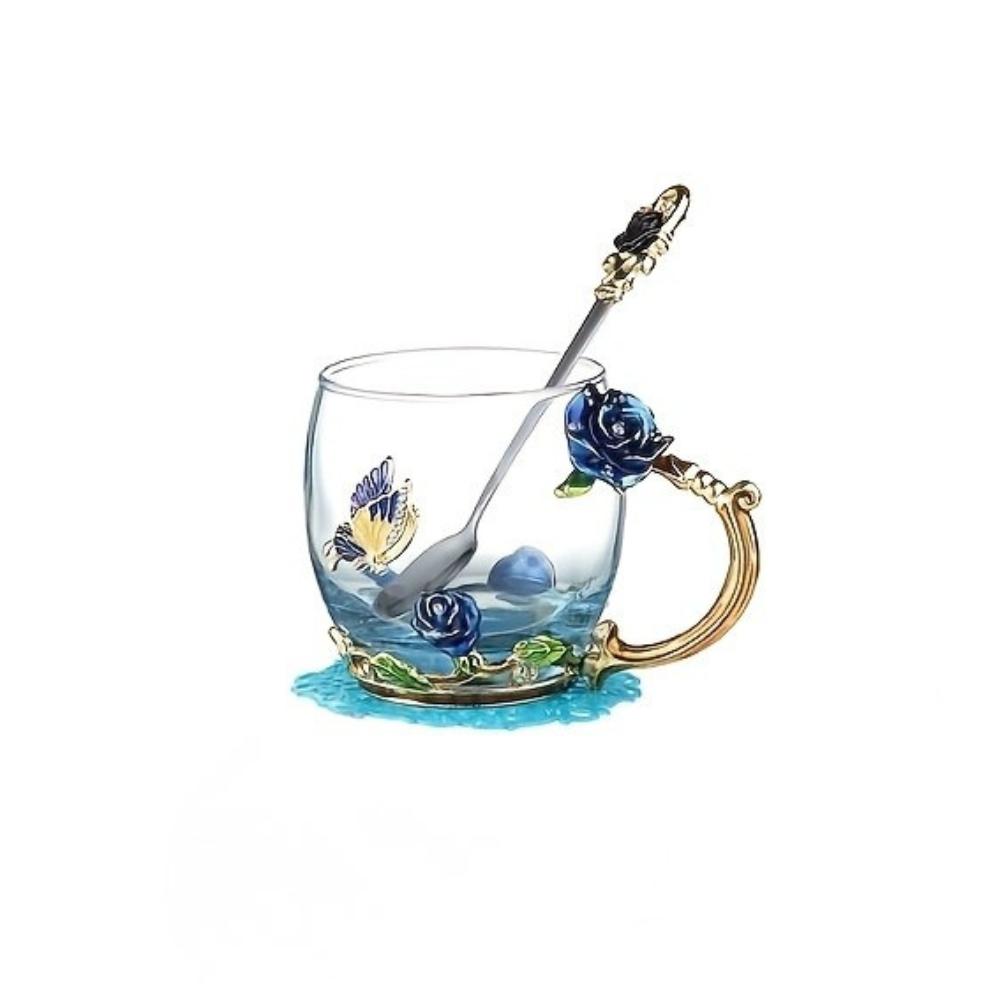Rose Enamel Butterfly Glass Mug Set