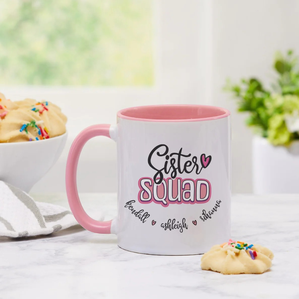 Sister Squad 11 oz Personalized White Mug with Pink Rim and Handle