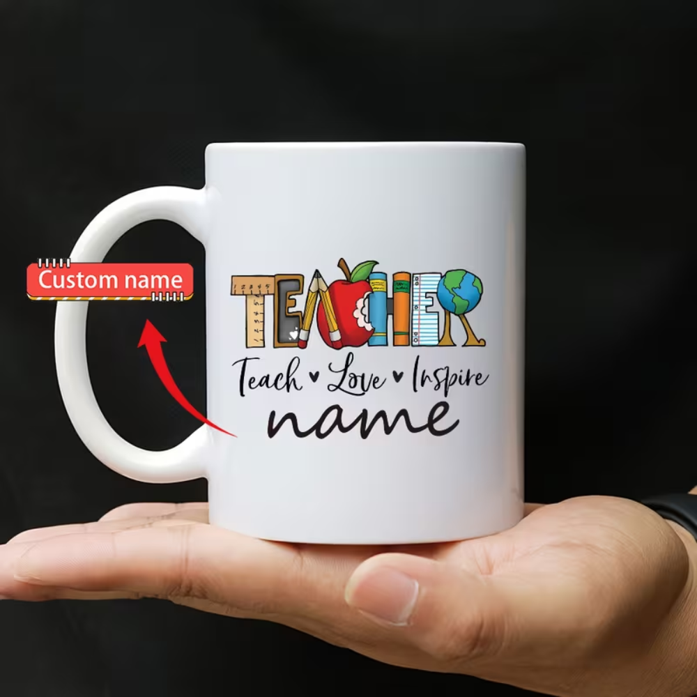 Appreciation Mug - Custom Name "TEACHER" Design with Apple & Globe, Ceramic Coffee Cup