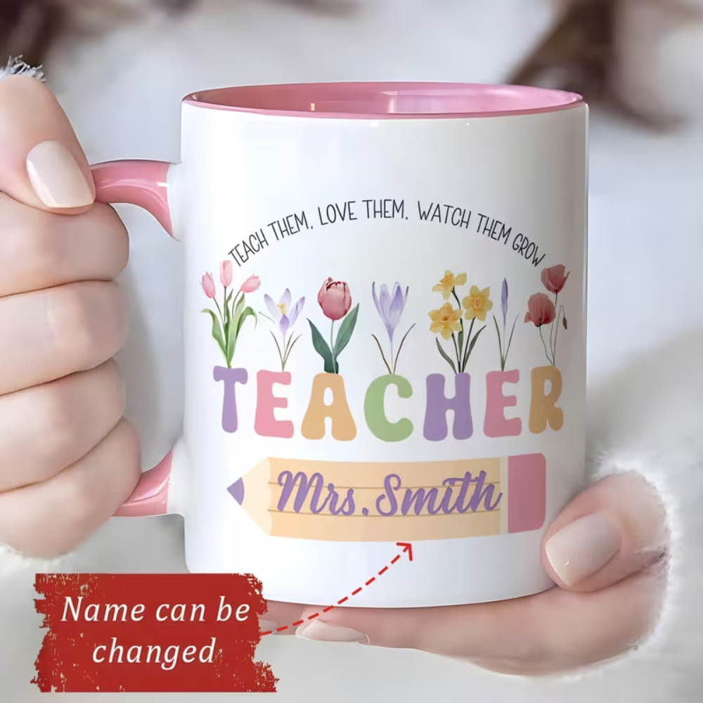 One Personalized Coffee Mug for Teachers Featuring a Custom Floral Design