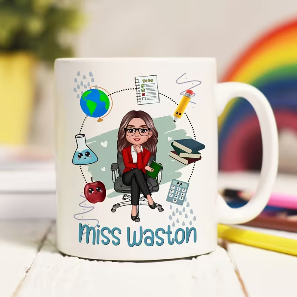 Personalized Teacher Mug - Custom Name Classroom Cup with Educational Theme Design