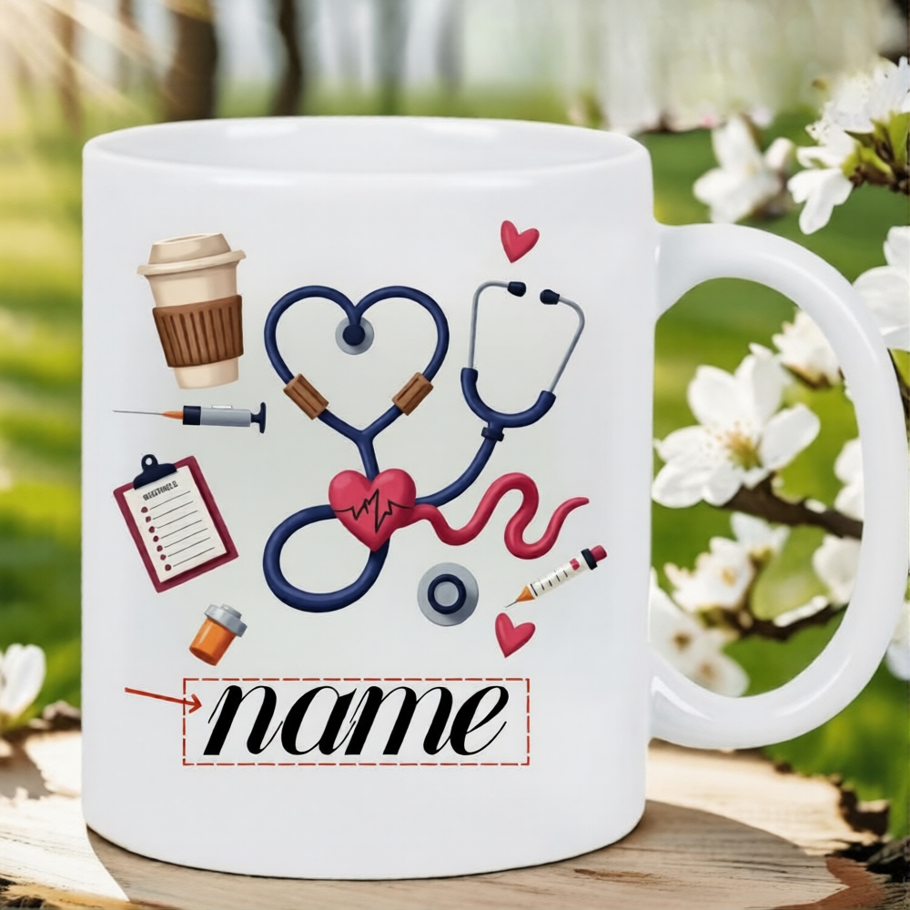 Custom Name Medical-Themed Coffee Cup Featuring a Stethoscope, Heart Design