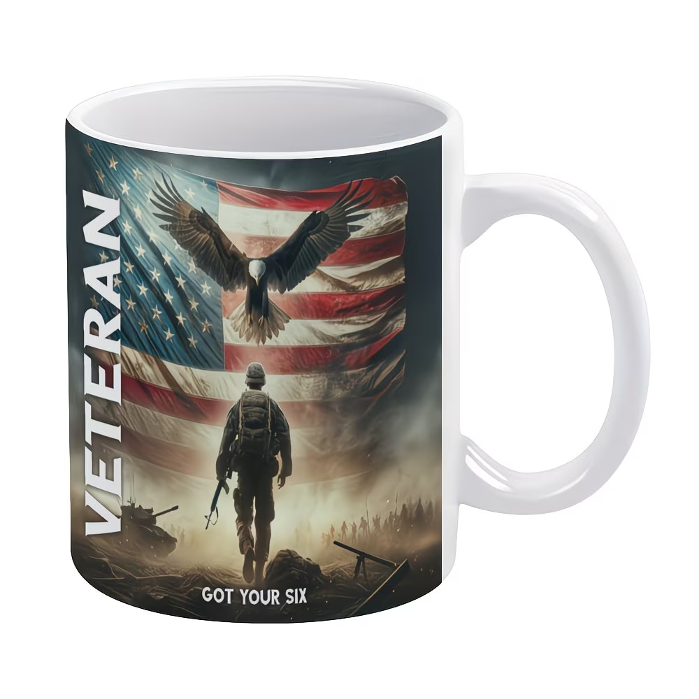 Themed Ceramic Coffee Mug - Veteran Eagle & Flag Design, Wide Mouth Cup for Outdoor, Camping & Travel