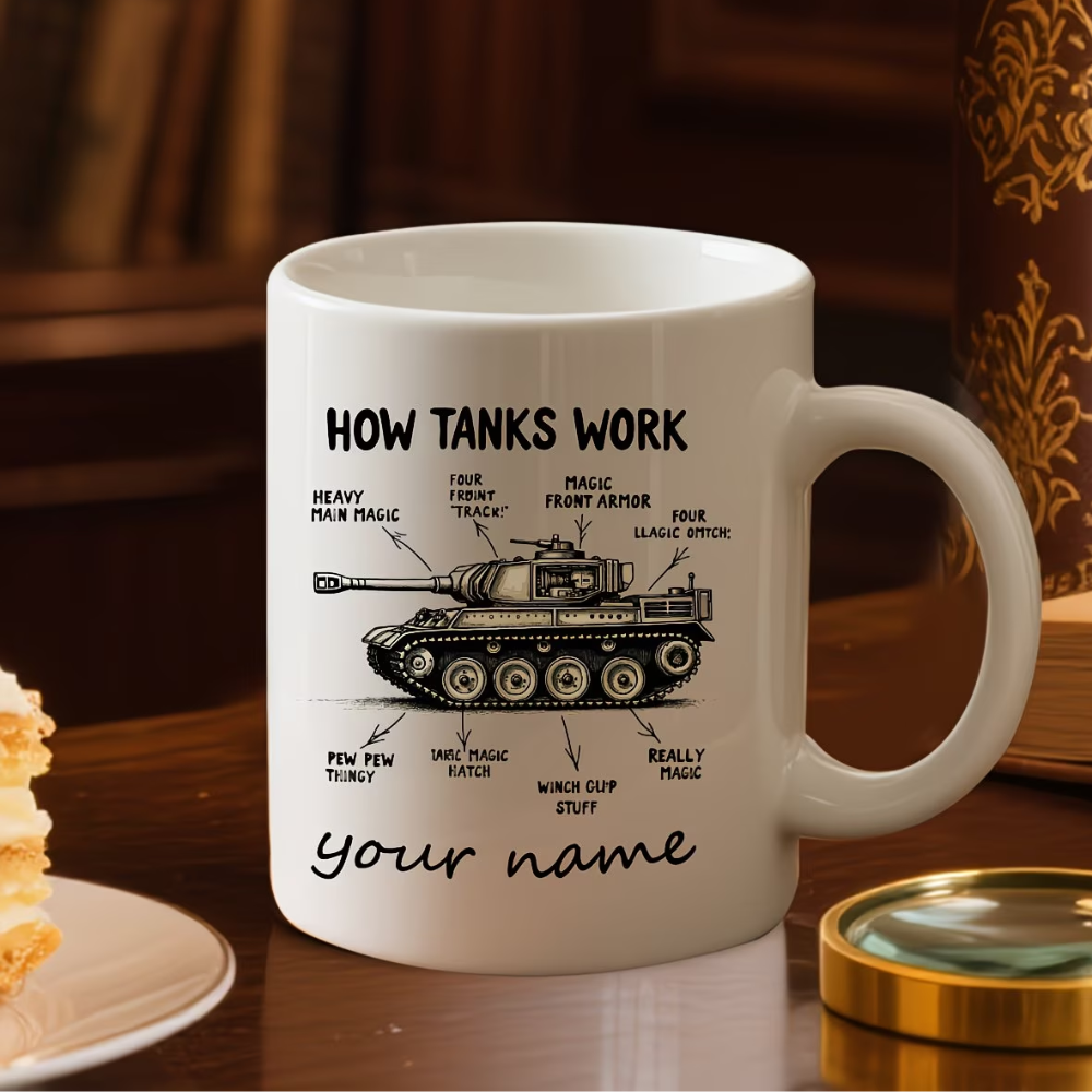 1pc Funny Tank Anatomy Cup - Personalized Military Coffee Mug with Heavy-Hitting Funny Design, Custom Name Ceramic Mug for Tank Enthusiasts, Birthday, Christmas, Valentine's, Armed Forces Gifts