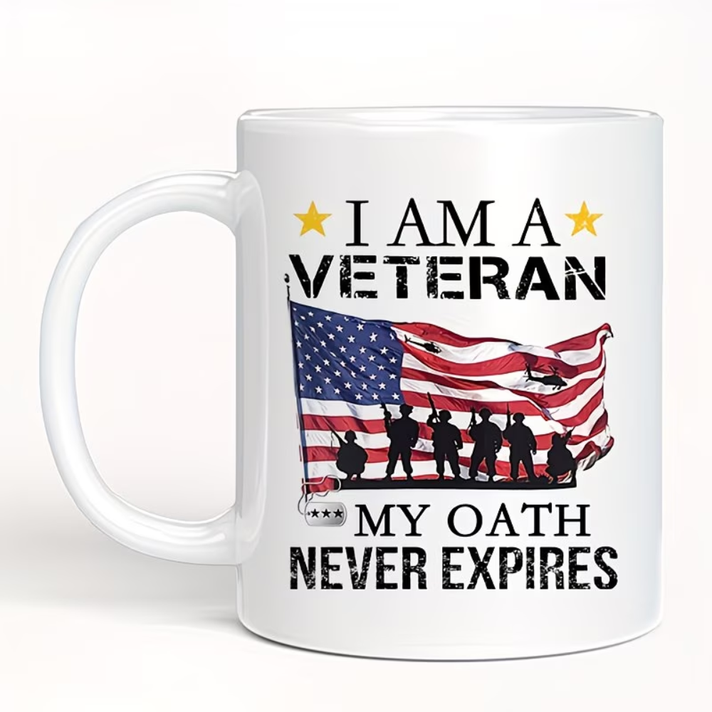 1pc 11oz Military Veteran Coffee Mug - Patriotic "I AM A VETERAN" Design with American Flag & Soldier Silhouettes,