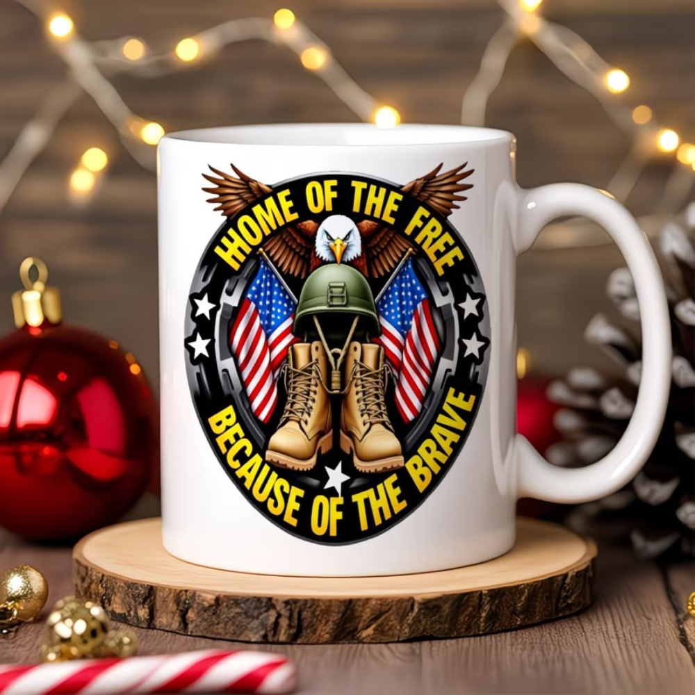 1pc 11oz Ceramic Coffee Mug "HOME OF THE FREE BECAUSE OF THE BRAVE" Military & Patriotic Design Insulated Reusable