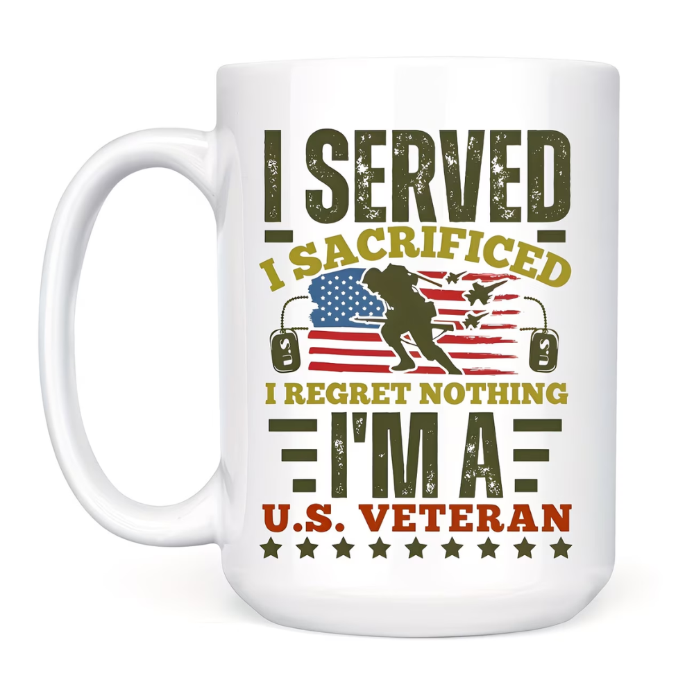 1pc 11oz Coffee Mug - "I Served, I Sacrificed, I Regret Nothing" U.S. Veteran Tribute with American Flag & Stars Design, Hand Wash