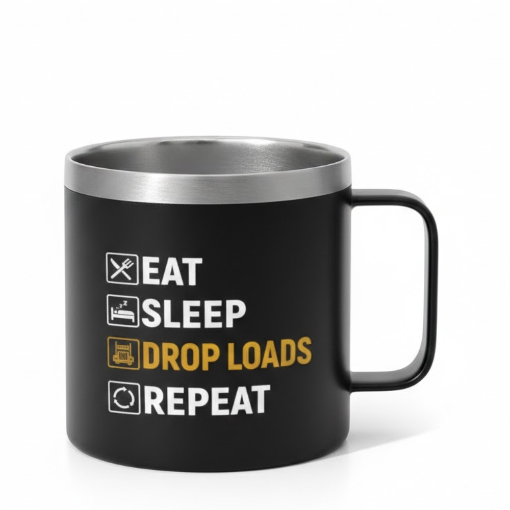 14oz Insulated Truck Driver Coffee Mug with Eat Sleep Drop Loads Repeat Text