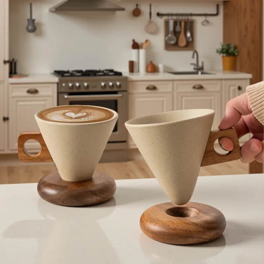 Cone-Shaped Coffee Mug with Wood Handle – Ceramic Aesthetic Cup for Home Cafe, 250ml