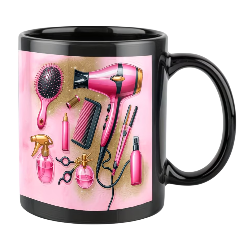 Ceramic Mug Designed for Hair Salons Featuring a Heat-Resistant Hair Dryer And Scissors, Adorned with Pink Hair Styling Tools. 