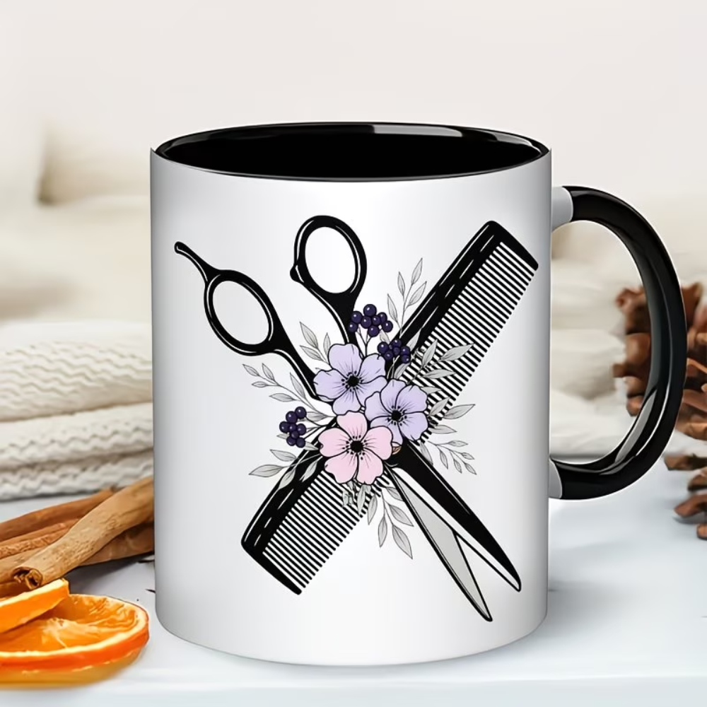 11oz Hairdresser Mug - Ceramic Coffee Cup with Hair Scissors, Comb & Barber Pole-like Floral Design (Pink/White), Black Interior & Handle