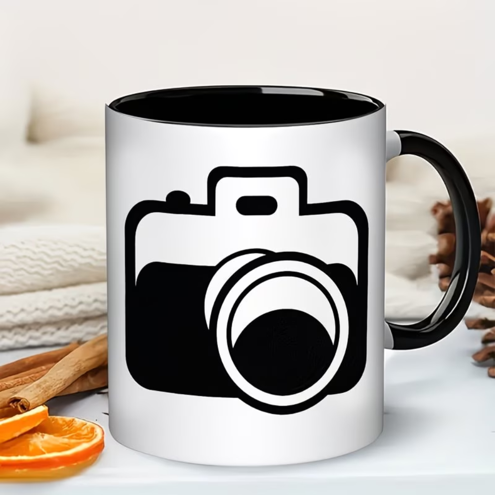 11oz Camera-Shaped Coffee Mug - White Camera & Aperture Design Ceramic Cup with Black Interior & Handle, Photography Lover