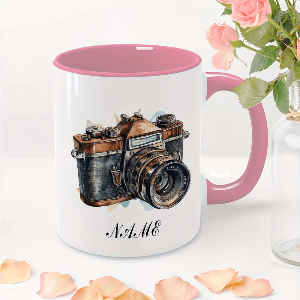 A Customized 11-Ounce Ceramic Mug with a Vintage Camera Design