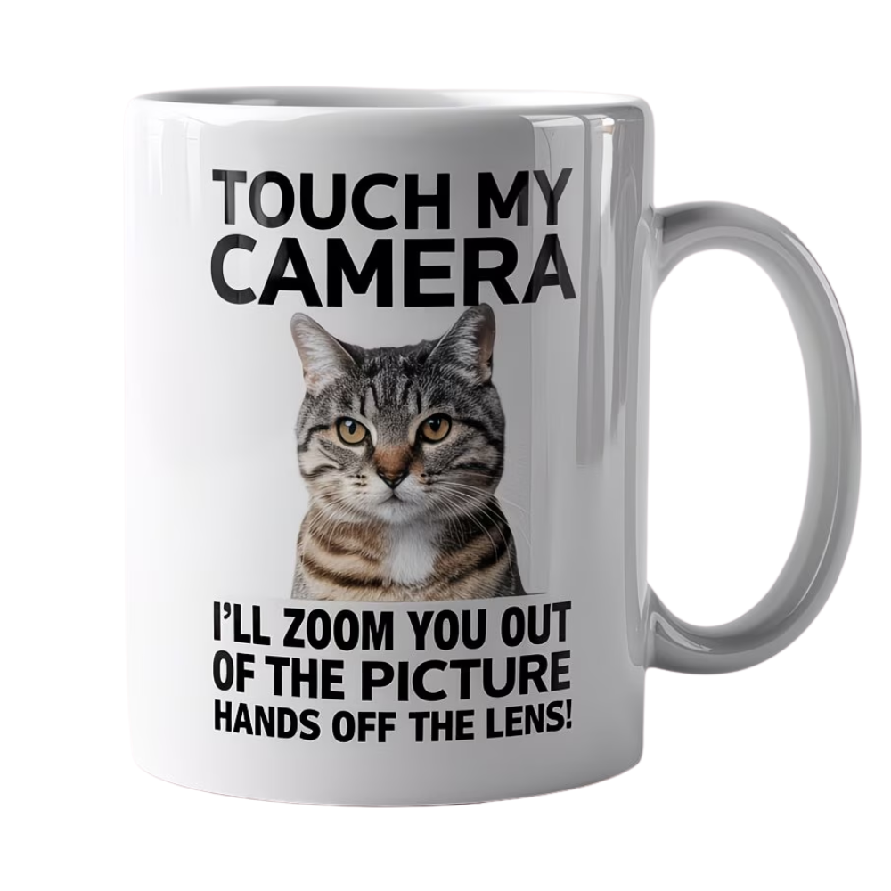 1pc, 11oz White Ceramic Coffee Mug with Funny Cat Touch Camera Design 