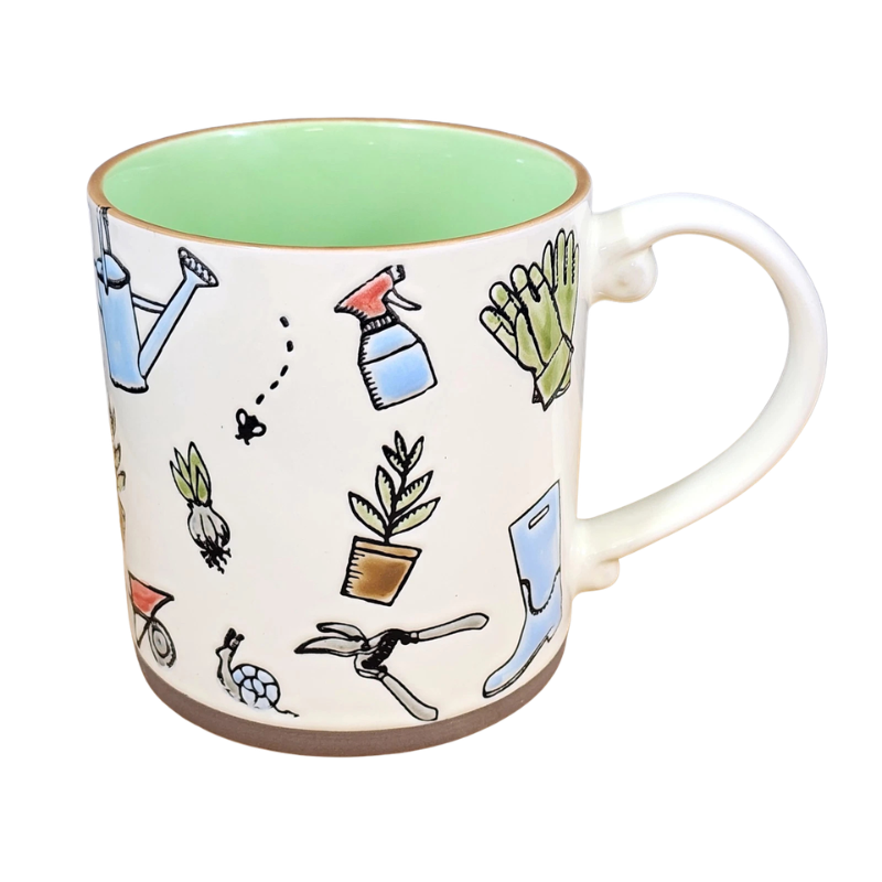 Hobby Gardener Coffee Mug Embossed Garden Tools flowers Pot Cup 21oz Blue Sky