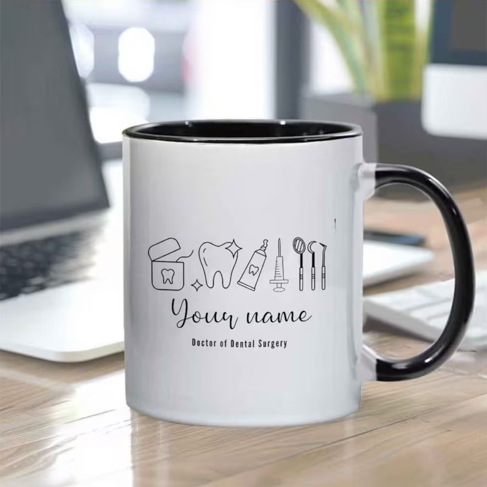 Name Dental Tool Pattern Ceramic Coffee Mug, Designed with Doctor of Dental Surgery Professional Label, Perfect for Graduation Season/Dentist Gifts, Dishwasher Safe