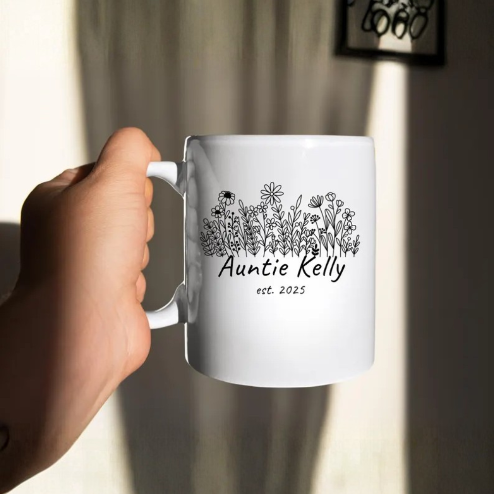 Custom Aunt Name Printed Coffee Mug With Floral Line Art Design