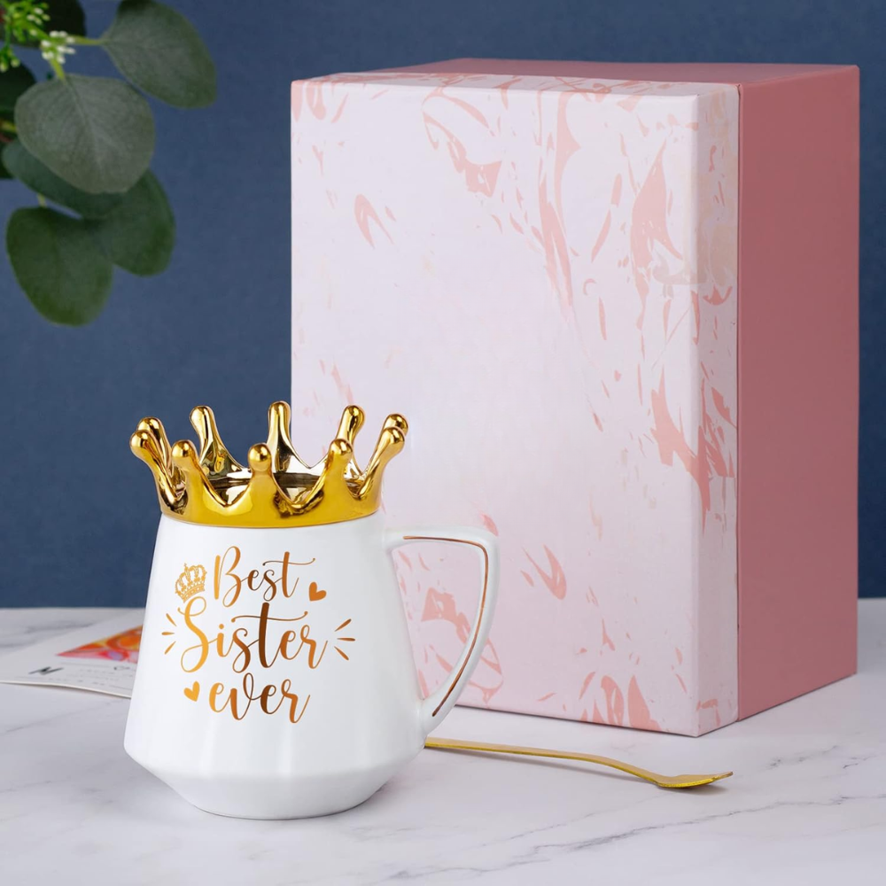 Elegant Sister Message Print 12oz Ceramic Coffee Mug With Crown Lid