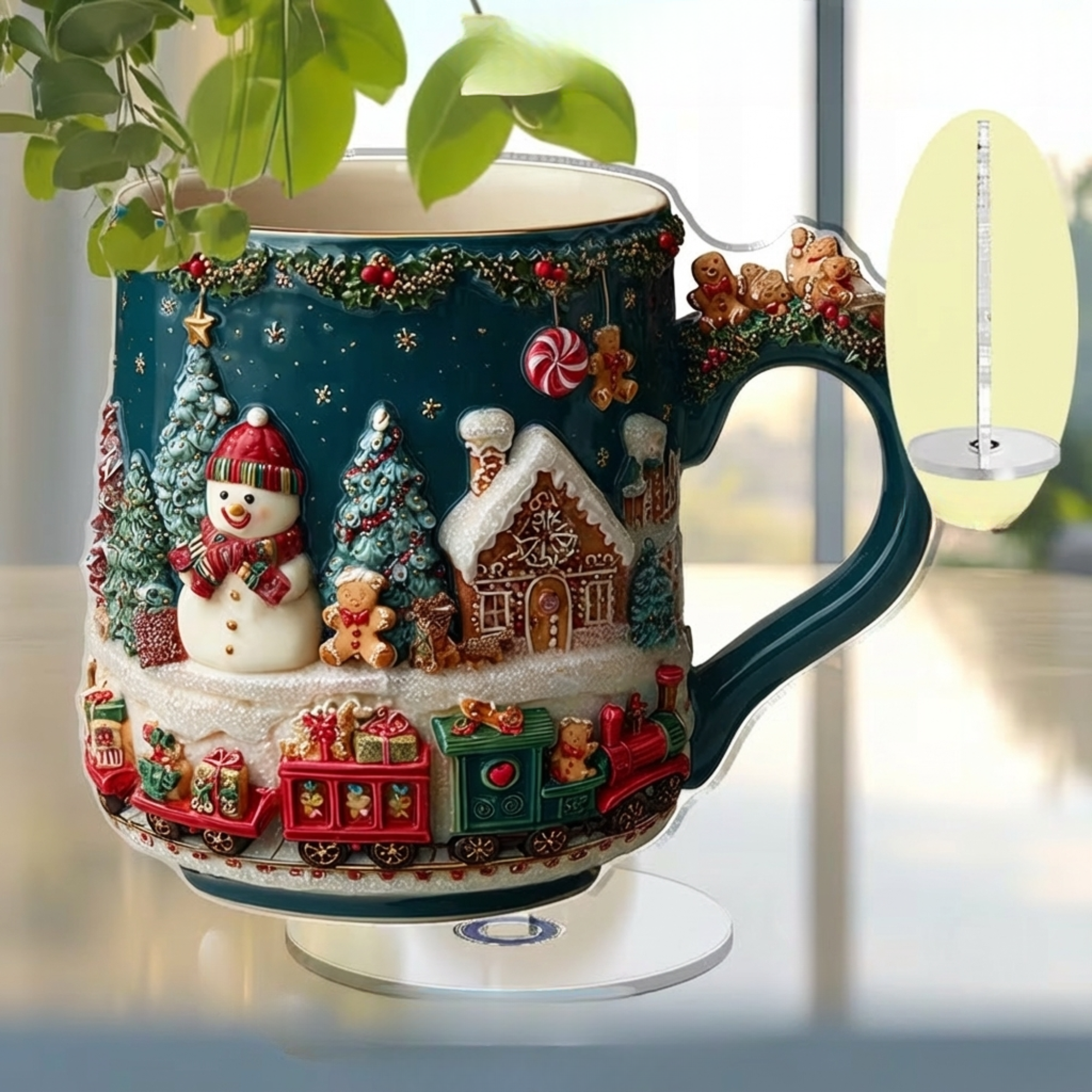 2D Flat Rotating Acrylic Christmas Mug With Festive Snowy Scene