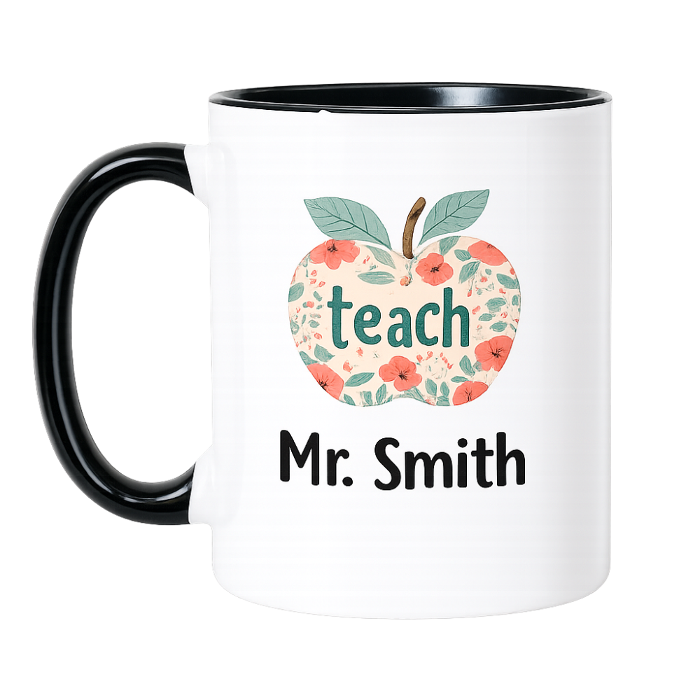 Personalized Ceramic Coffee Mug With Floral Apple Design For Teacher 