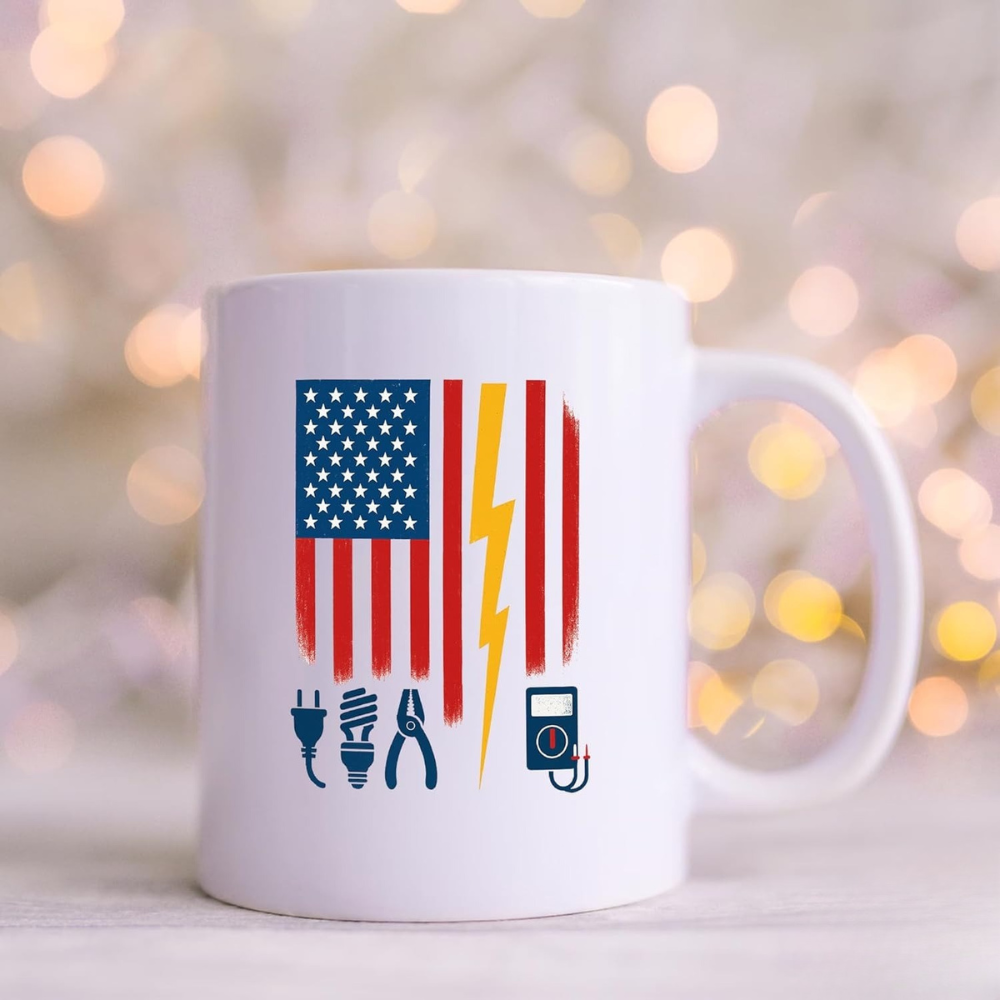 Electrician Themed With American Flag Printed Coffee Mug