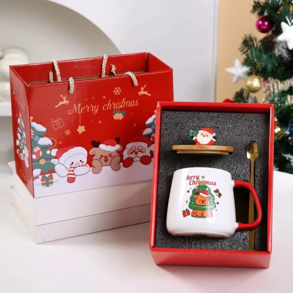 Ceramic Christmas Mug Set With Lid And Spoon