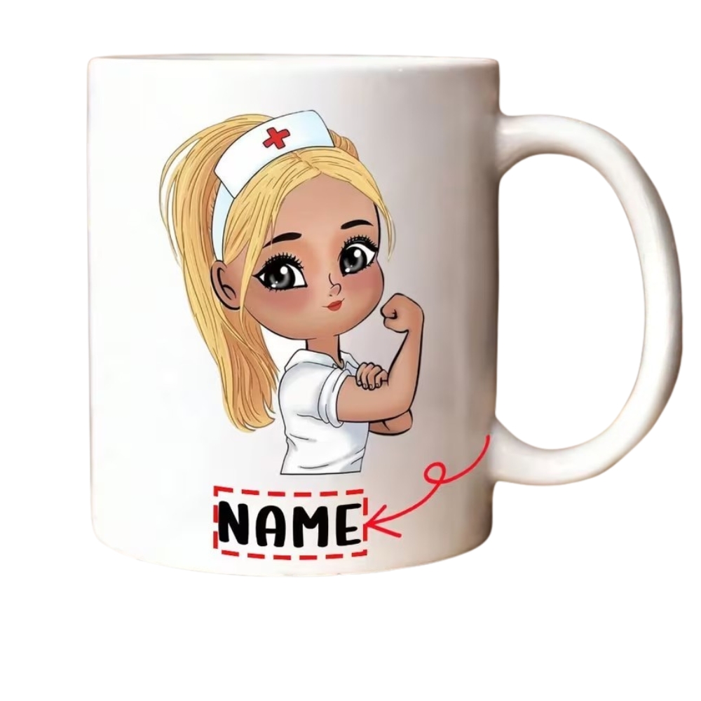 Custom Name Ceramic Coffee Cup with Cute Nurse Design, 7 Color