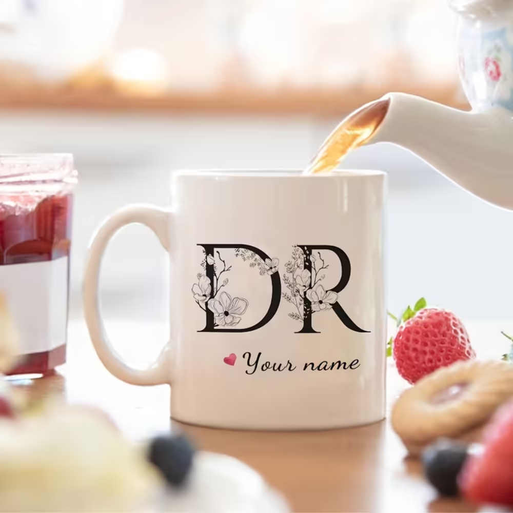Personalized Doctor Ceramic Coffee Mug with Name Initials Floral Design