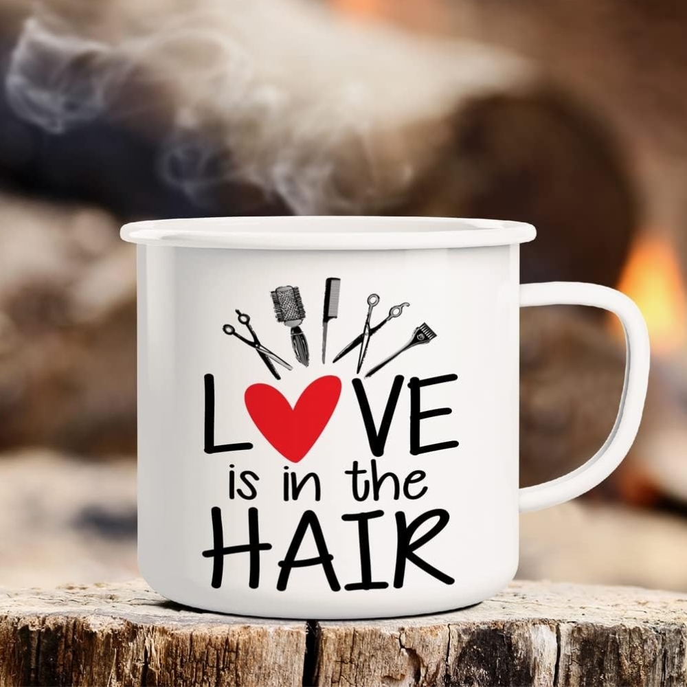 Love is in the Hair Hairstylist Hairdresser 16 Oz Enamel Stainless Steel